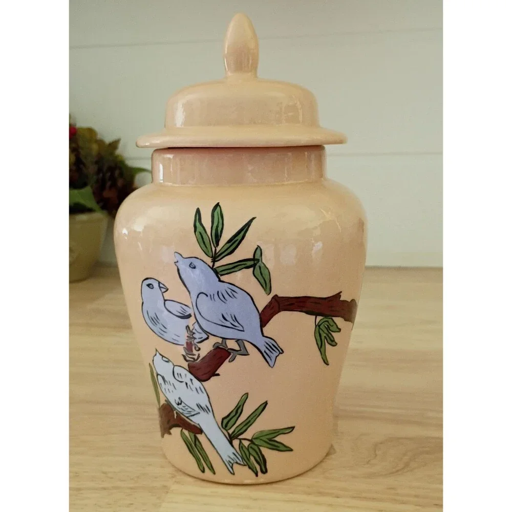 Vintage 1975 Hand Painted Birds on Branch Ginger Jar Signed by JCR Beautiful
